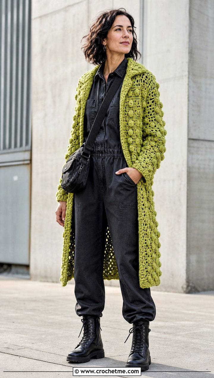 Textured Stitch Crochet Coat With Utility Jumpsuit - 35 crochet long coat outfit ideas