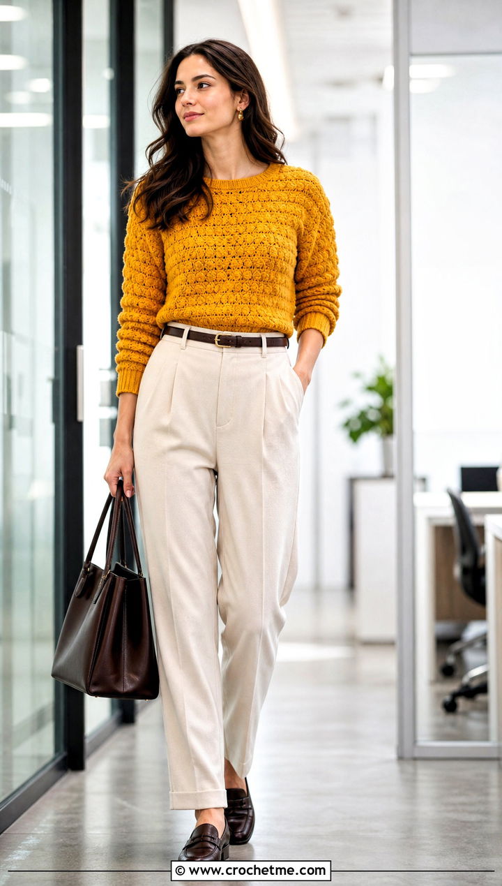 Textured Stitch Crochet Pullover With Pleated Trousers - 30 Easy Crochet Pullover outfit ideas