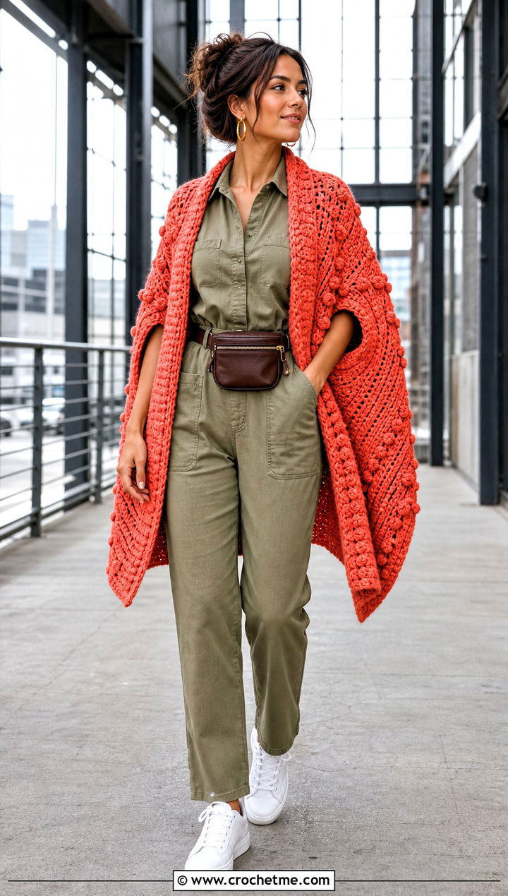 Textured Stitch Crochet Shawl With Arm Holes And Utility Jumpsuit - 30 crochet shawl with arm holes outfit ideas