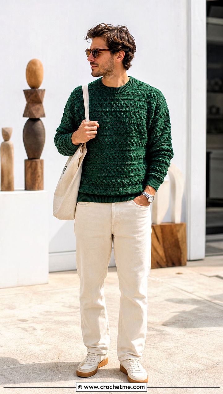 Textured Stitch Crochet Sweater With Ecru Denim - 30 male crochet sweater outfit ideas