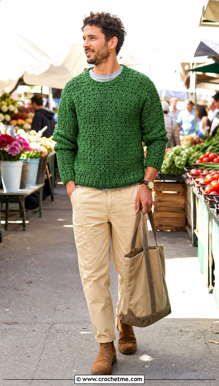 Textured Stitch Crochet Sweater With Workwear Pants - 25 Mens Crochet Sweaters outfit ideas