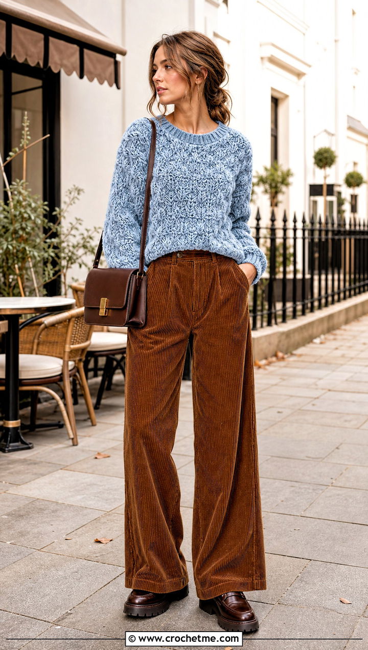 Textured Stitch Crochet Velvet Sweater With Corduroy Pants - 20 Crochet Velvet Sweater outfit ideas