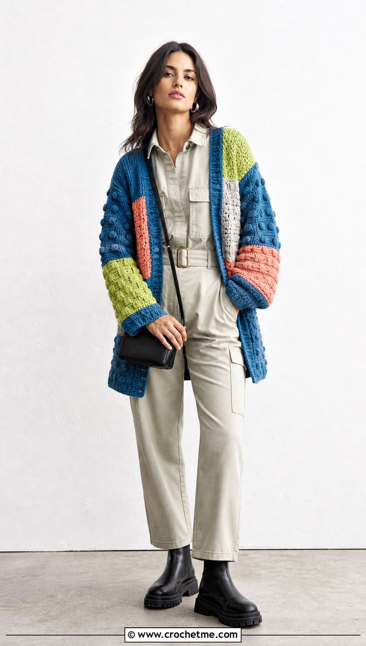 Textured Stitch Patchwork Crochet Cardigan With Utility Jumpsuit - 15 harry styles patchwork crochet cardigan outfit ideas