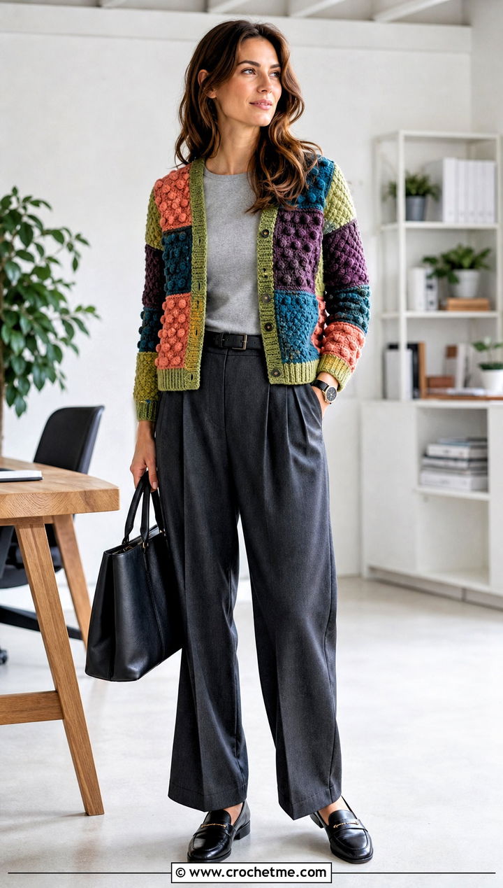 Textured Stitch Scrap Cardigan With Pleated Trousers - 15 Crochet Scrap Cardigan outfit ideas