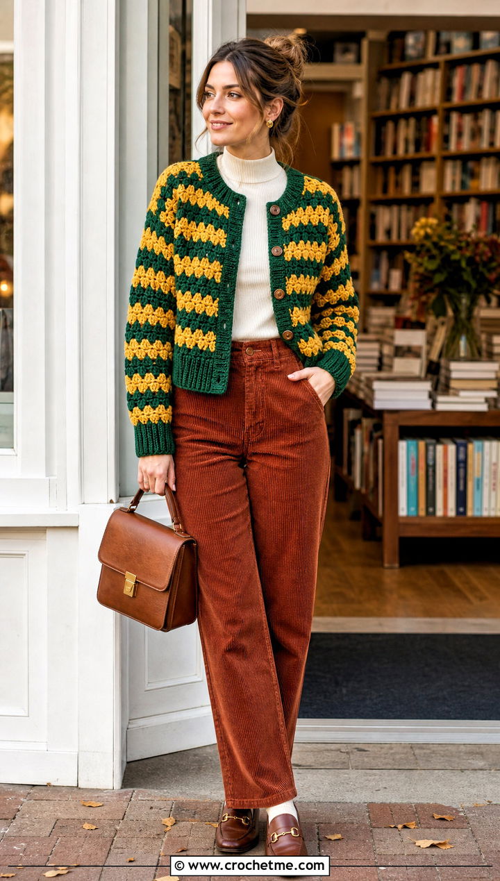 Textured Stripe Crochet Cardigan With Corduroy Pants - 35 crochet striped cardigan outfit ideas