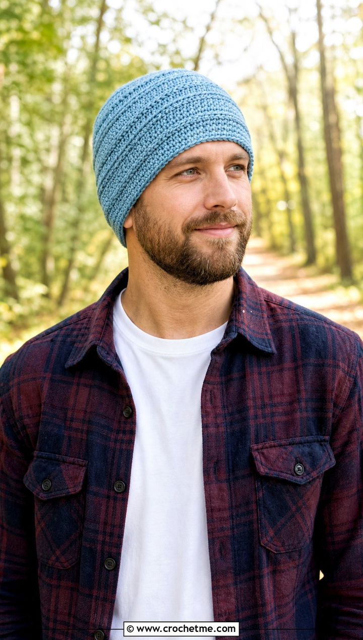 Textured Stripe Crochet Chemo Cap With Flannel Shirt - 25 Crochet Chemo Caps For Men outfit ideas