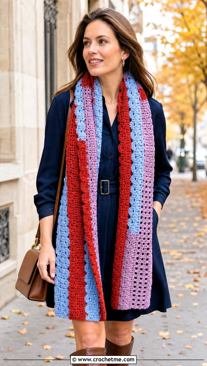 Textured Stripe Crochet Scarf With Shirt Dress - 30 Stripe Crochet Scarf outfit ideas