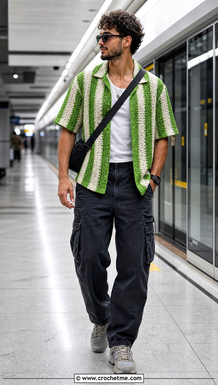 Textured Stripe Crochet Shirt With Cargo Pants - 15 Mens Crochet Collared Shirt outfit ideas