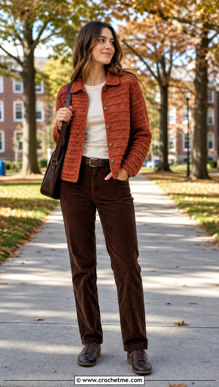 Textured Stripe Crochet Shirt With Corduroy Pants - 30 crochet unisex shirt outfit ideas