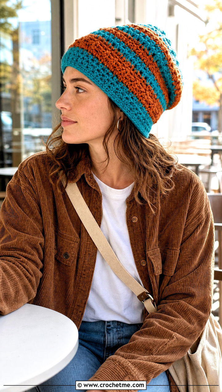Textured Stripe Slouchy Crochet Beanie With Corduroy Overshirt - 15 Striped Slouchy Crochet Beanie outfit ideas