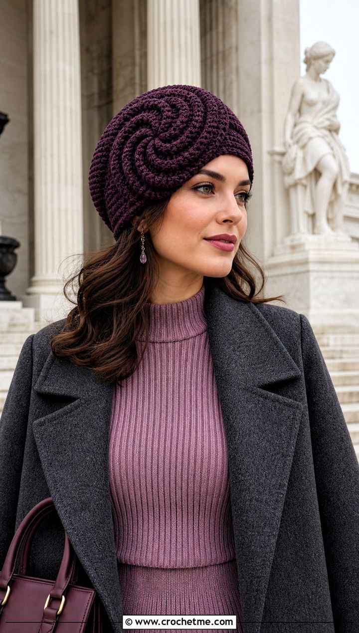 Textured Swirl Beanie With Sweater Dress - 15 crochet swirl beanie outfit ideas