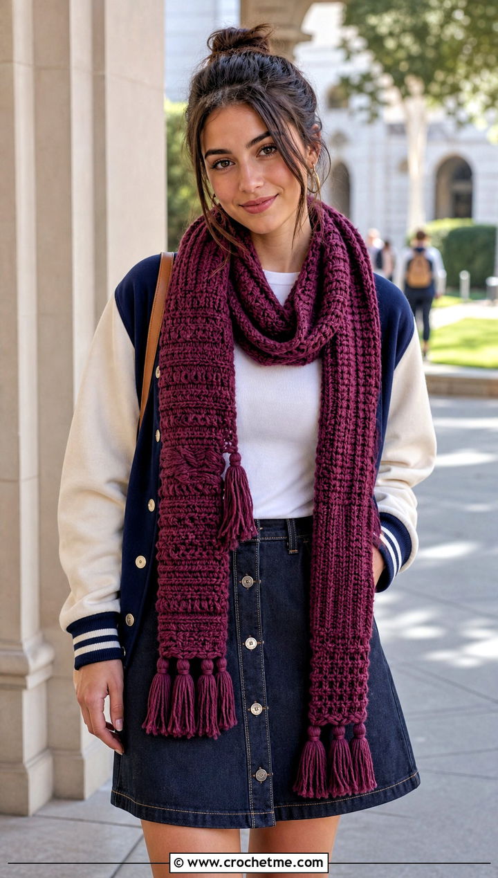 Textured Tassel Sampler Scarf With Varsity Jacket - 20 Crochet Stitch Sampler Scarf outfit ideas