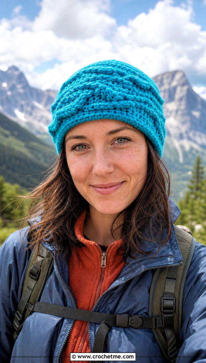 Textured Tidepool Crochet Beanie With Hiking Layers - 20 Wavy Crochet Beanie outfit ideas