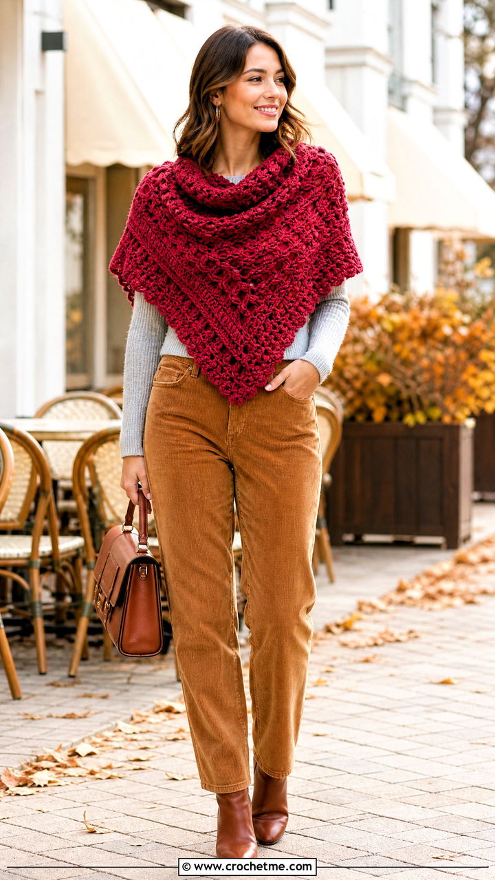 Textured Triangle Shawl With Corduroy Pants - 35 crochet triangle shawl outfit ideas