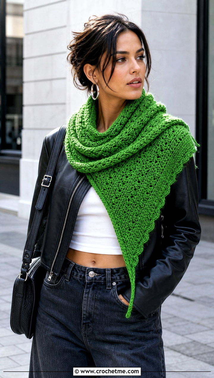 Textured Triangle Shawl With Leather Jacket And Jeans - 30 easy crochet triangle shawl outfit ideas