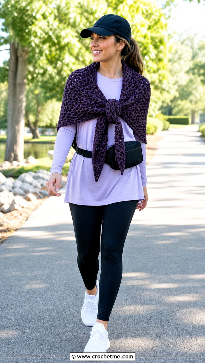 Textured Triangle Shawl With Leggings And Sneakers - 35 Easy Simple Crochet Triangle Shawl outfit ideas