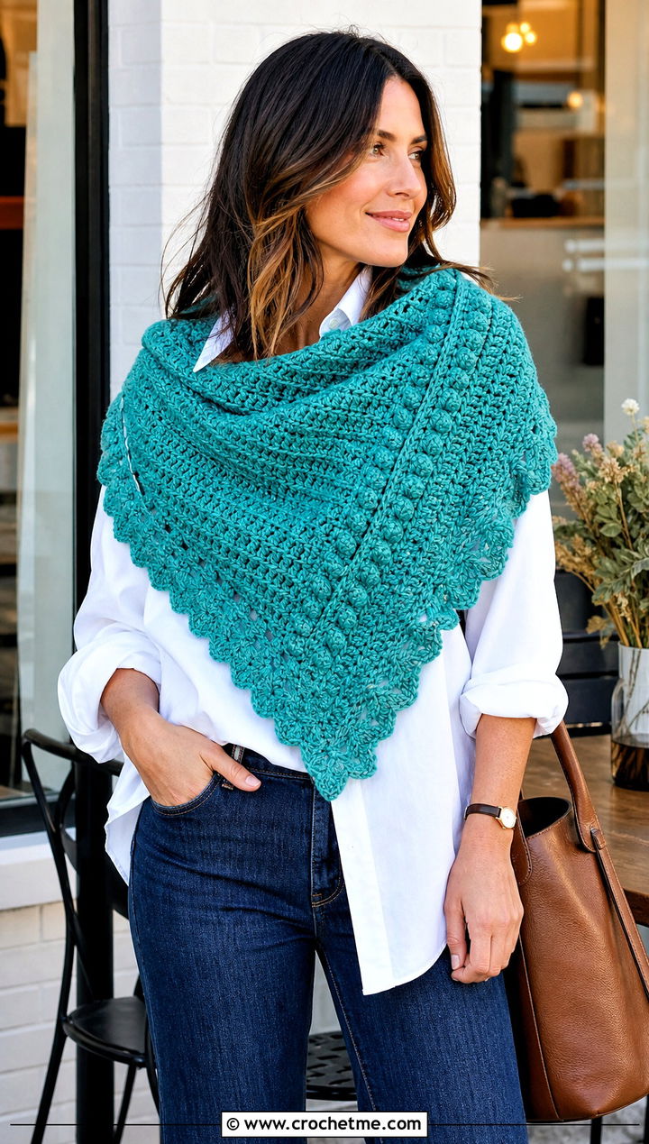 Textured Triangular Crochet Shawl With Shirt And Jeans - 25 triangular crochet shawl outfit ideas