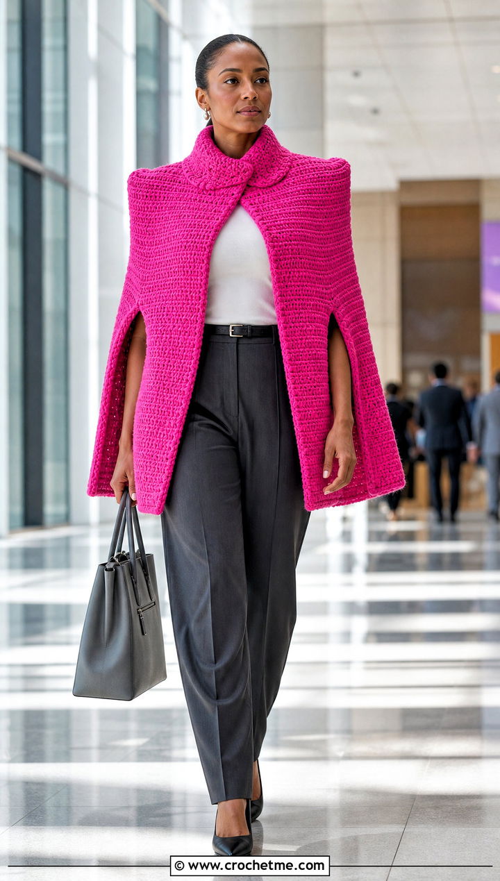 Textured Tunisian Cape Poncho With A Suit - 30 tunisian crochet poncho outfit ideas