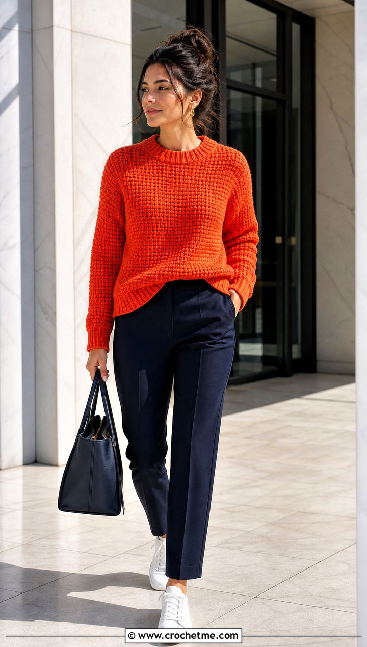 Textured Tunisian Sweater With Suit Pants And Sneakers - 35 tunisian crochet sweater outfit ideas