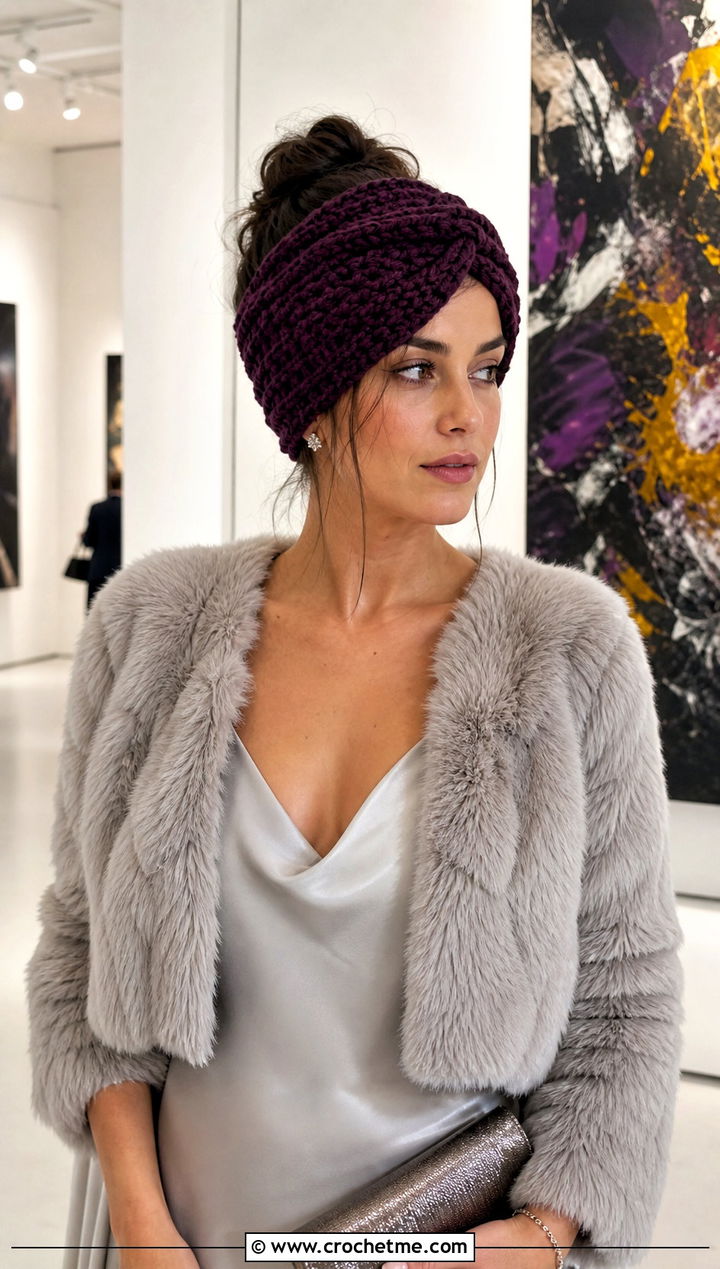 Textured Twist Bulky Crochet Ear Warmer With Satin Slip Dress - 25 Bulky Crochet Ear Warmer outfit ideas