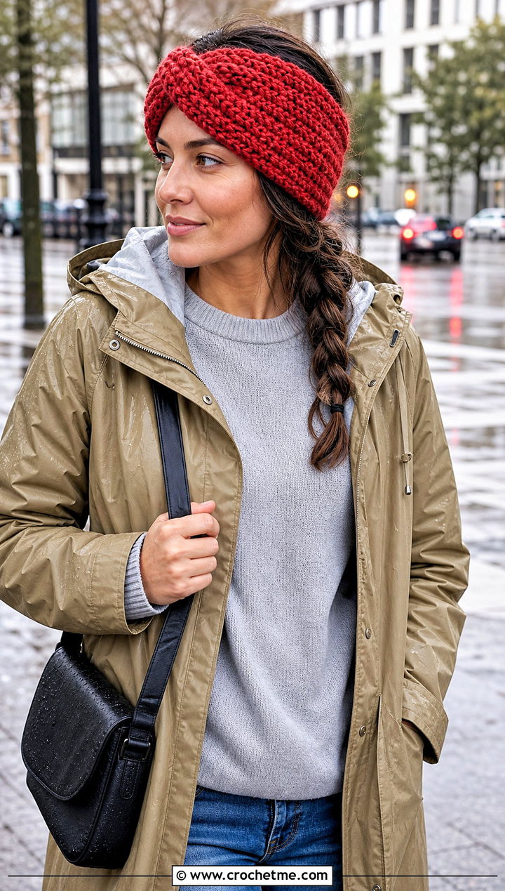 Textured Twist Chunky Ear Warmer With Raincoat - 25 Crochet Chunky Ear Warmer outfit ideas