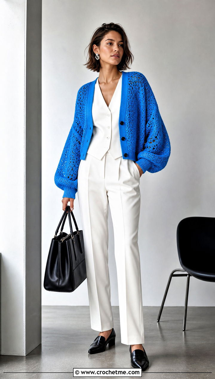 Textured V Neck Crochet Balloon Sleeve Cardigan With Suit Vest - 30 crochet balloon sleeve cardigan outfit ideas