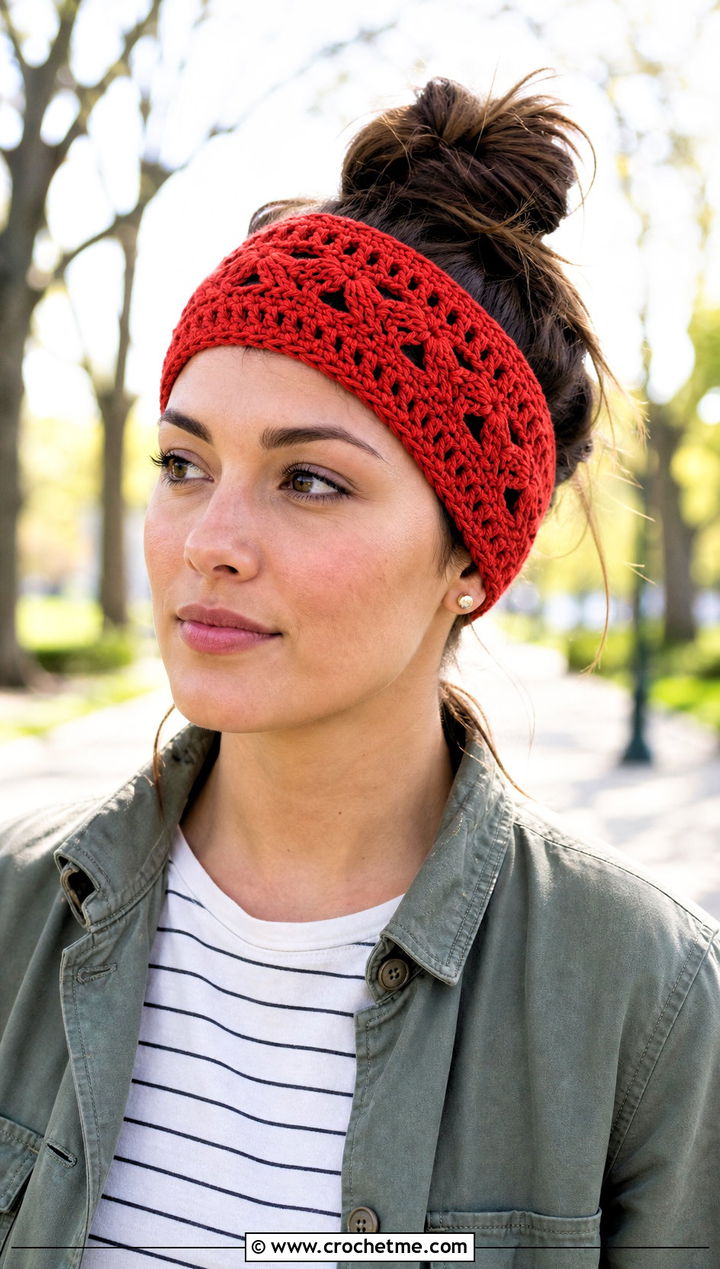 Textured V Stitch Crochet Ear Headband With Field Jacket And Chinos - 30 crochet ear headband outfit ideas