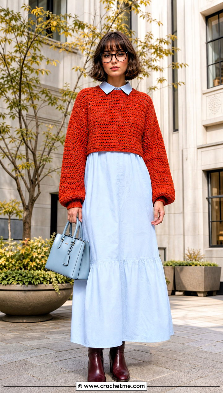 Textured Velma Crochet Sweater Over A Poplin Maxi Dress - 15 Velma Crochet Sweater outfit ideas