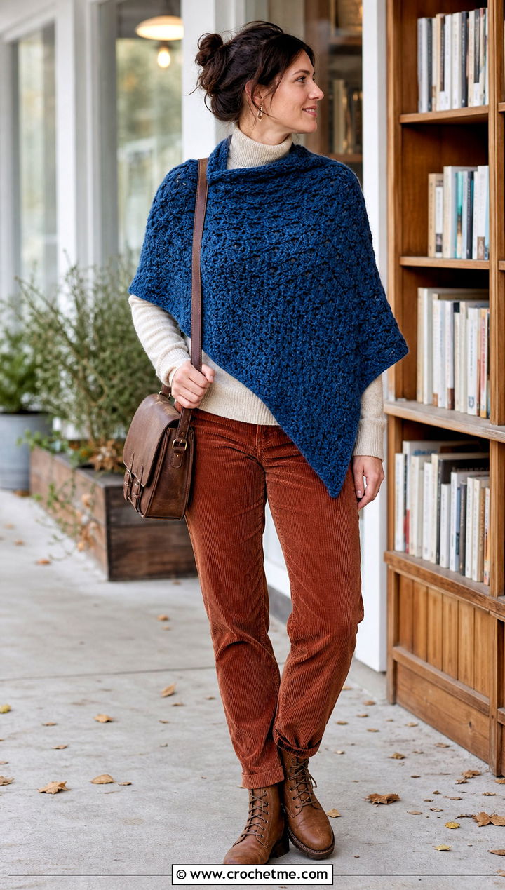 Textured Wool Asymmetrical Crochet Shawl With Corduroy Pants - 30 asymmetrical crochet shawl outfit ideas