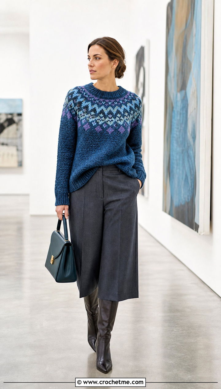Textured Yoke Fair Isle Crochet Sweater With Culottes - 25 fair isle crochet sweater outfit ideas