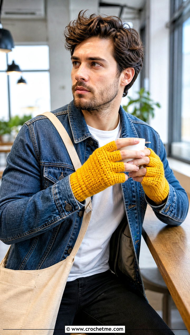 Thermal Crochet Fingerless Gloves With Denim Jacket - 25 Crochet Mens Gloves outfit ideas