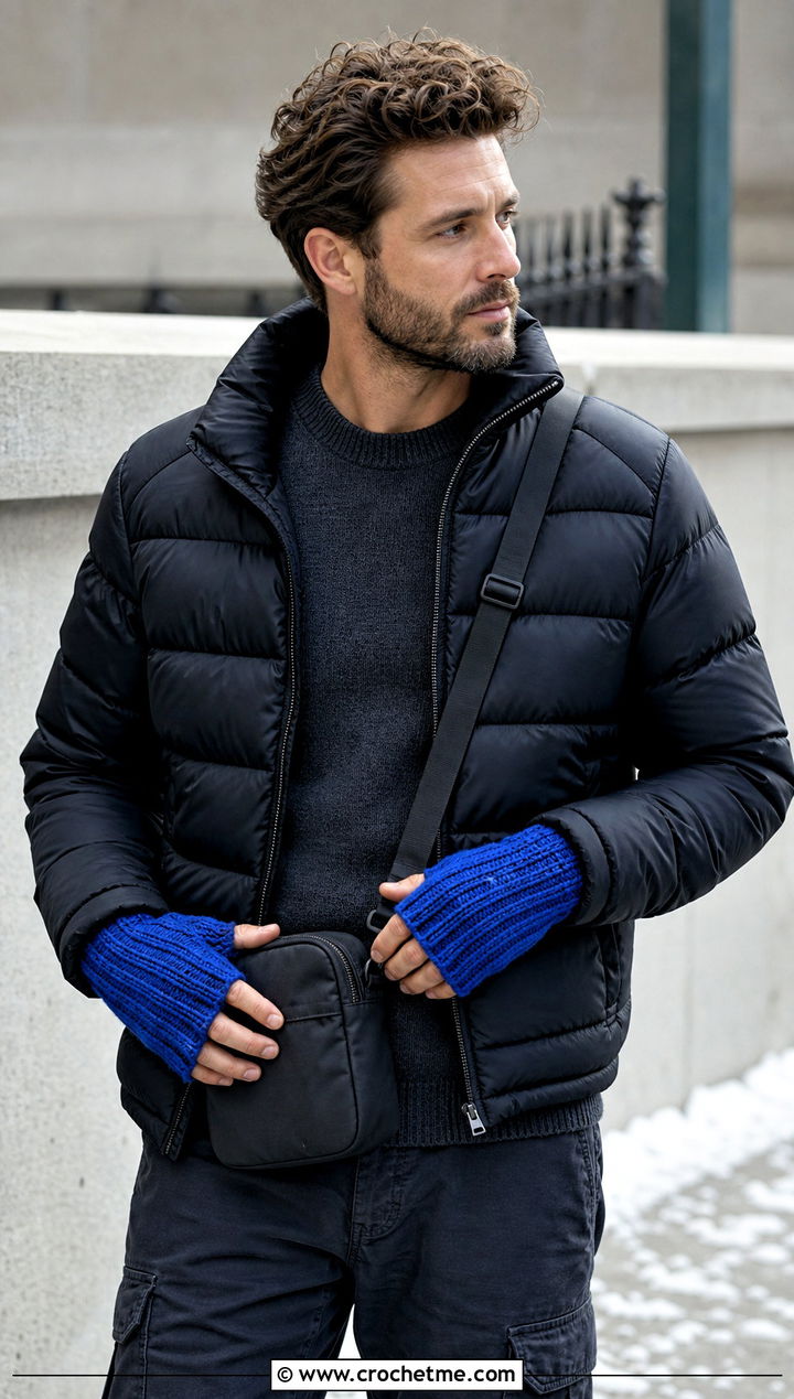 Thermal Ribbed Fingerless Gloves With Puffer Jacket - 25 Crochet Mens Fingerless Gloves outfit ideas