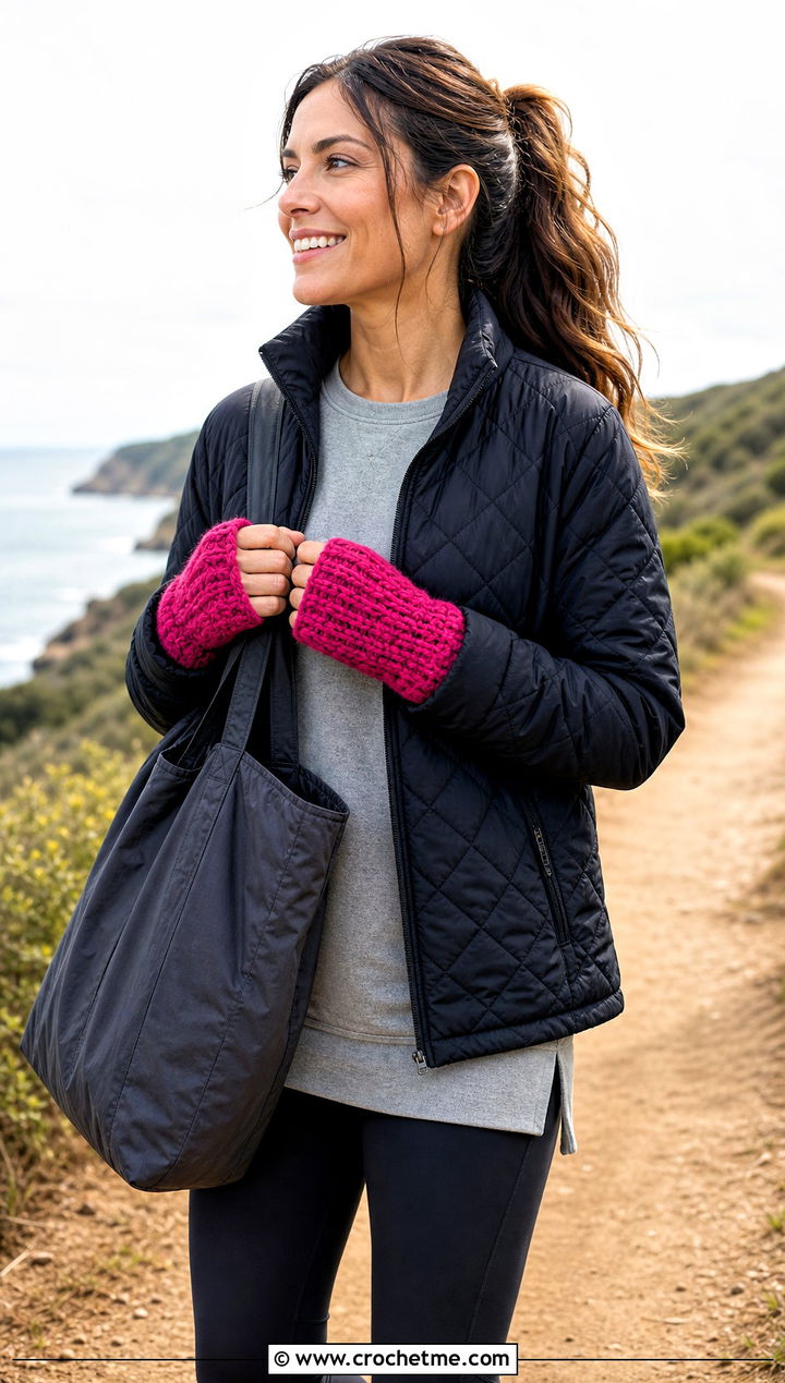 Thermal Stitch Chunky Crochet Fingerless Gloves With Quilted Jacket - 30 chunky yarn crochet fingerless gloves outfit ideas