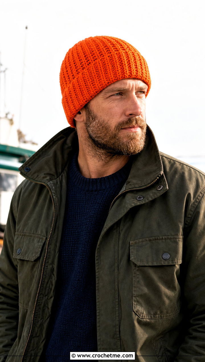 Thermal Stitch Crochet Beanie With Field Jacket - 25 easy crochet beanie for men outfit ideas