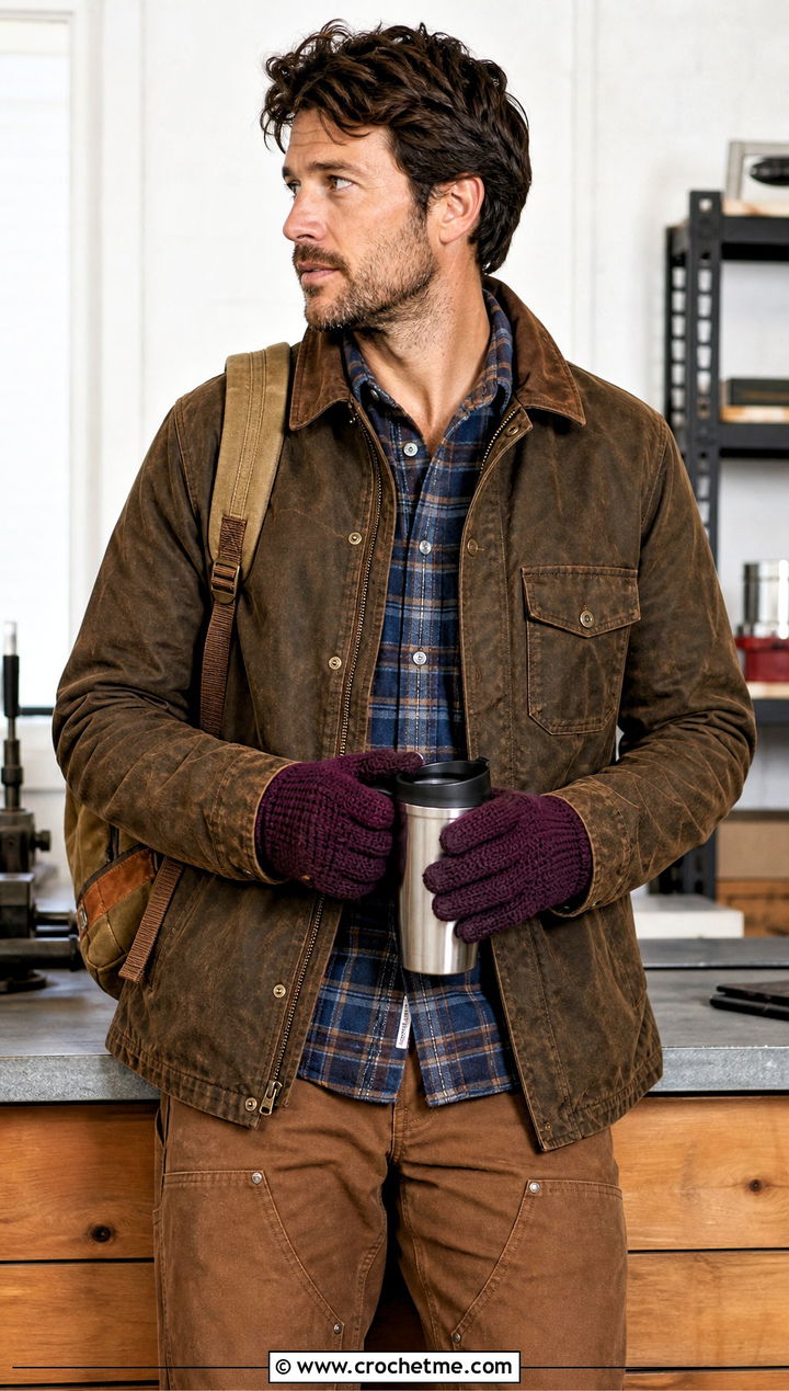 Thermal Stitch Crochet Gloves With Workwear Outfit - 25 men's crochet gloves outfit ideas