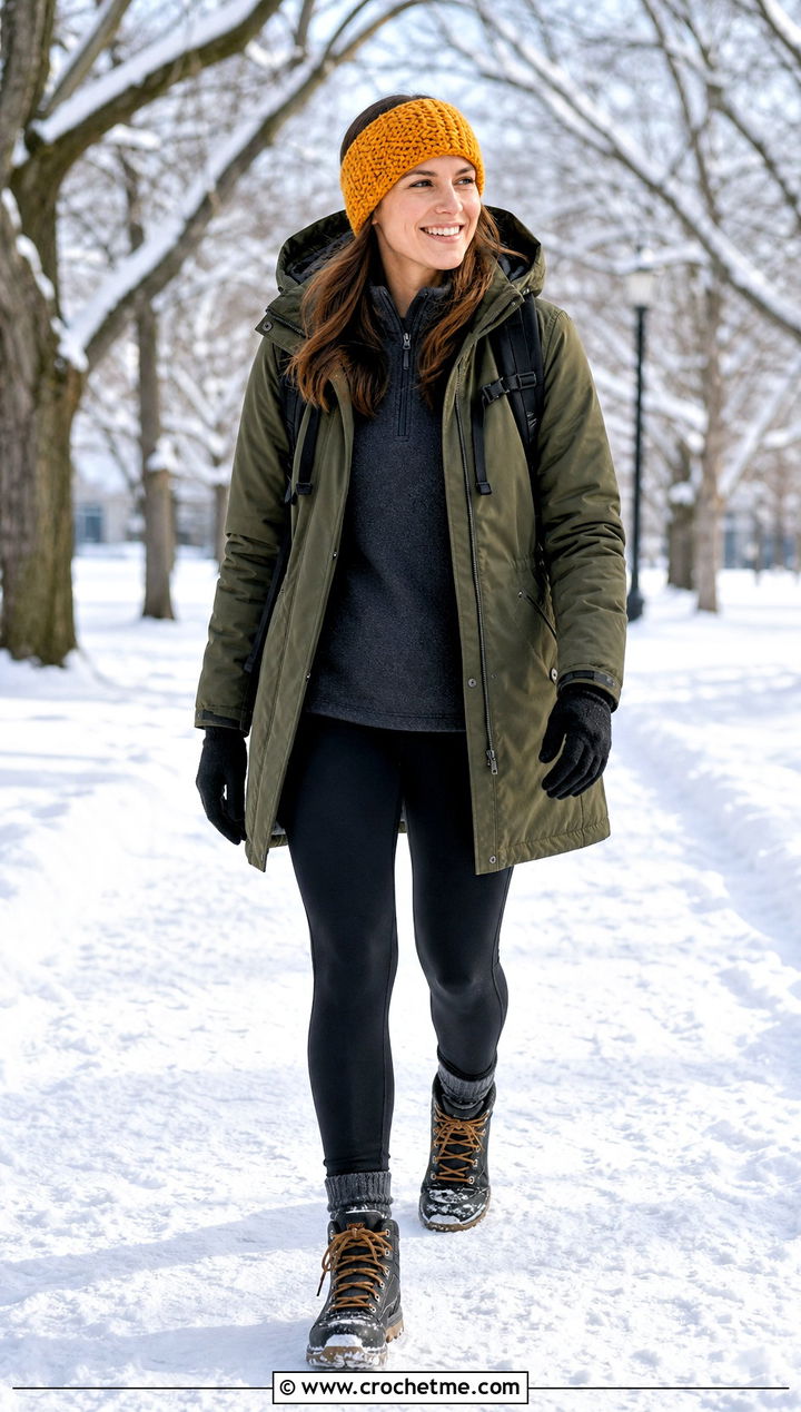 Thermal Stitch Crochet Headband With Parka - 35 crochet winter headband outfit ideas