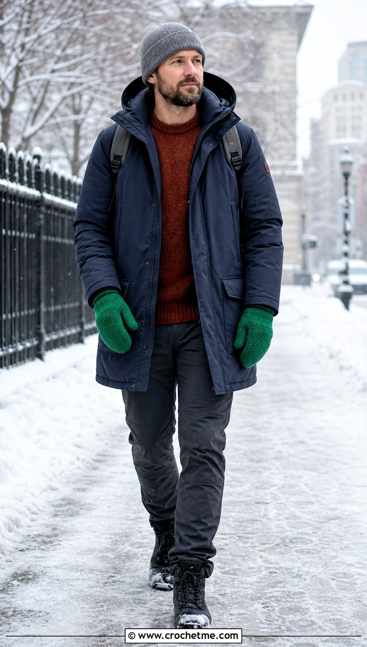 Thermal Stitch Crochet Mittens With Parka - 35 men crochet gloves outfit ideas