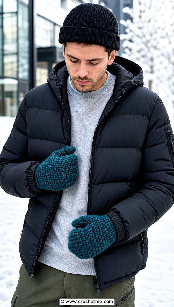 Thermal Stitch Crochet Mittens With Puffer Jacket - 25 Crochet Mens Mittens outfit ideas