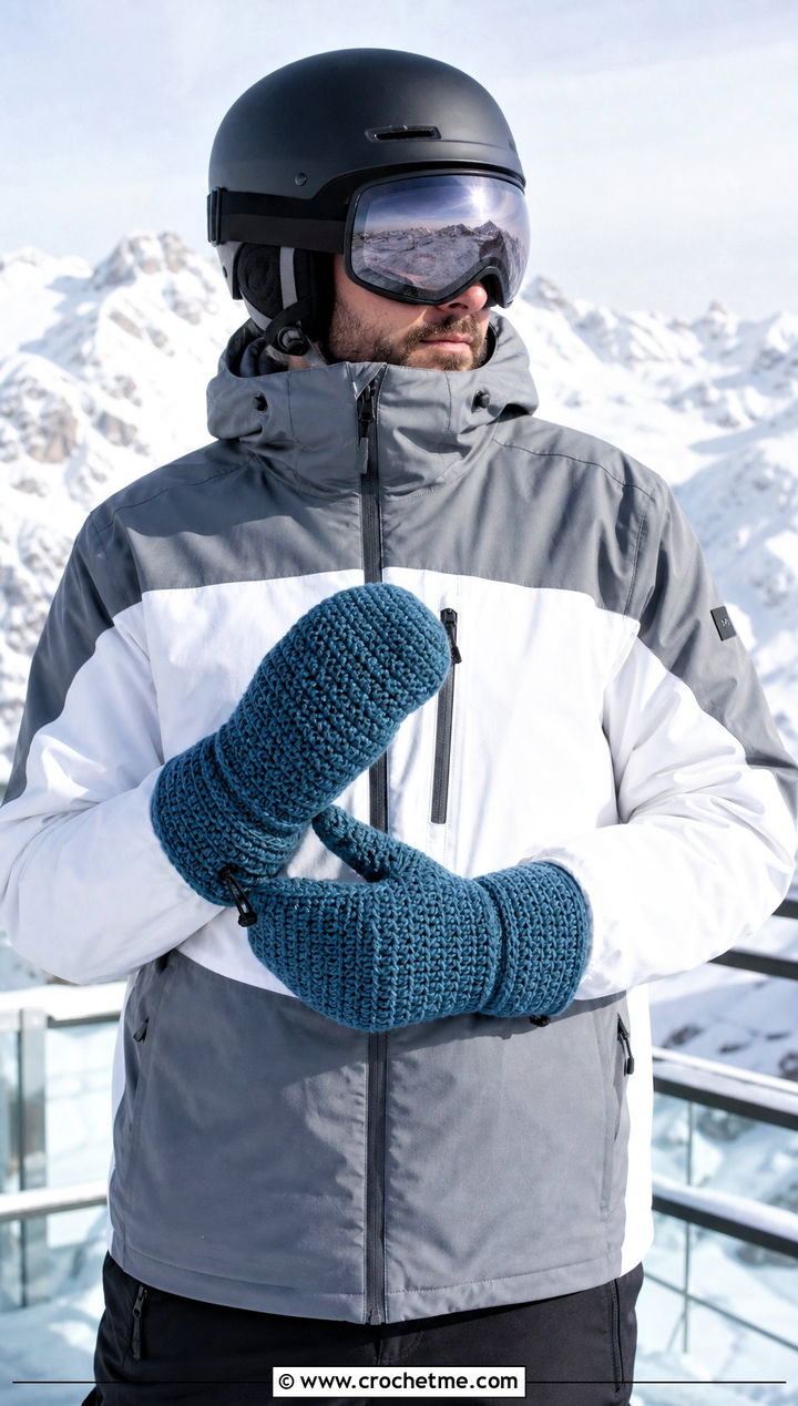 Thermal Stitch Crochet Mittens With Ski Jacket - 25 crochet mittens for men outfit ideas