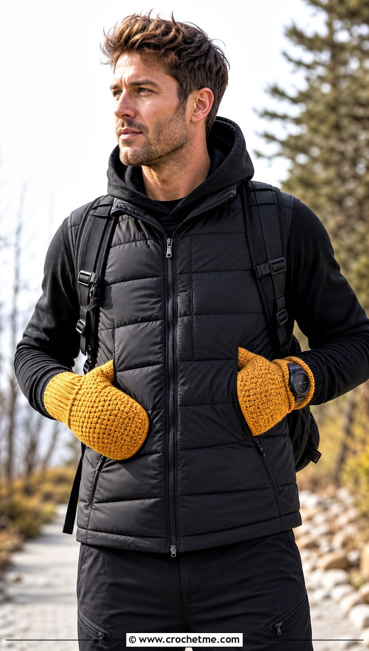 Thermal Stitch Crochet Mittens With Technical Vest - 25 Mens Crochet Mittens outfit ideas