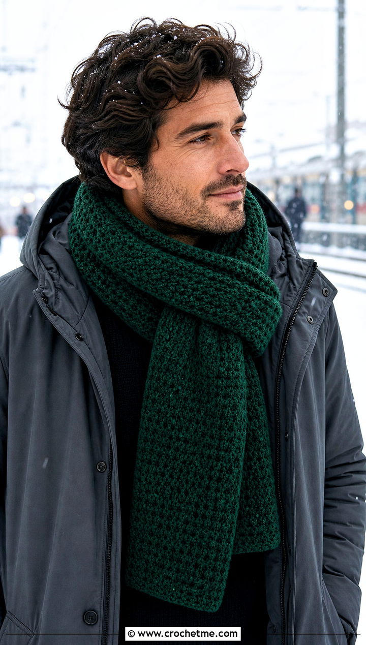 Thermal Stitch Crochet Scarf With Winter Parka - 15 crochet stitch for mens scarf outfit ideas