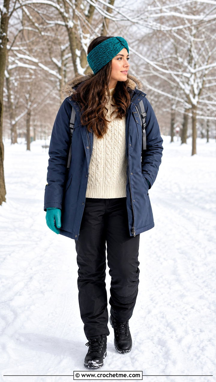 Thermal Stitch Crochet Twisted Ear Warmer With Parka - 35 crochet twisted ear warmer outfit ideas
