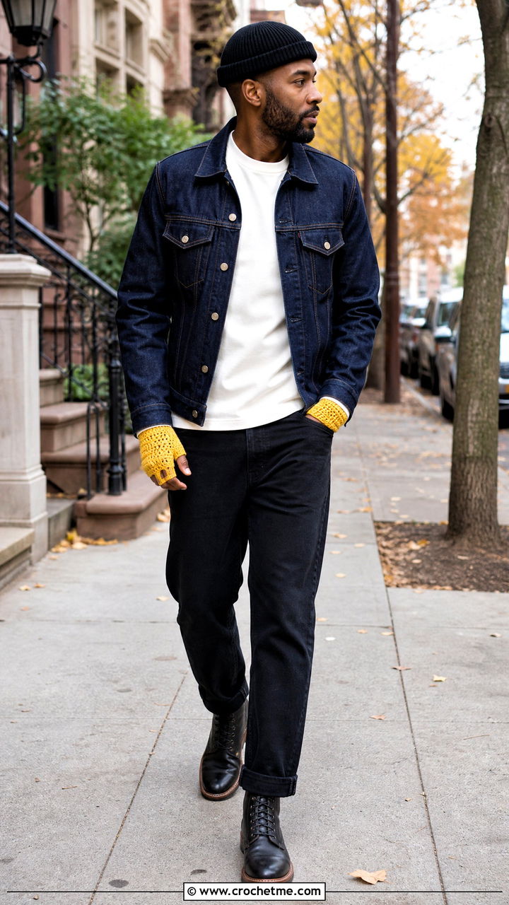 Thermal Stitch Fingerless Gloves With Denim Jacket - 35 crochet gloves for men outfit ideas