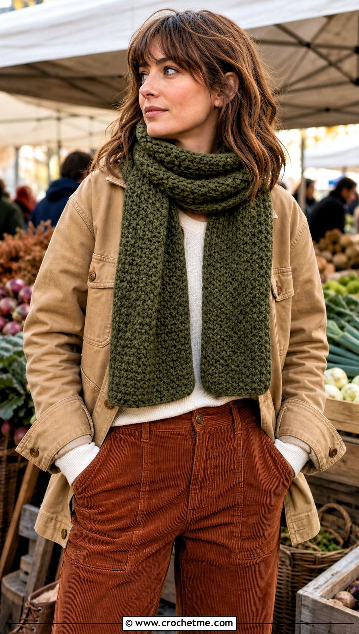 Thermal Stitch Single Crochet Scarf With Chore Coat And Corduroy Pants - 25 Single Crochet Scarf outfit ideas