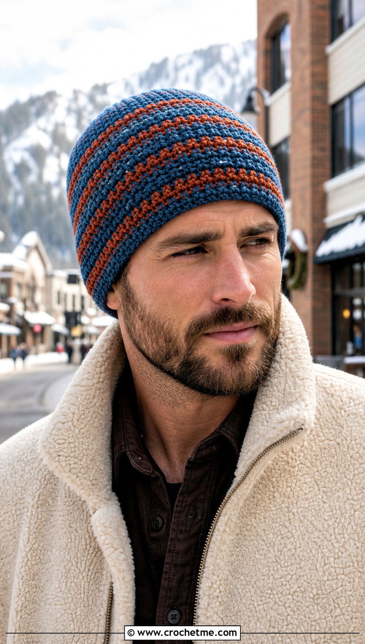 Thermal Stitch Striped Crochet Beanie With Sherpa Jacket - 15 mens striped crochet beanie outfit ideas