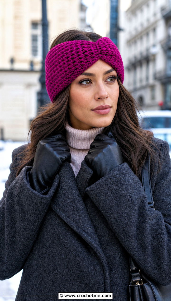 Thermal Stitch Wide Cinch Crochet Headband With Wool Coat - 15 wide cinch crochet headband outfit ideas