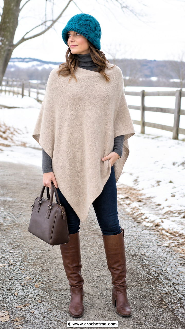 Thick Brim Crochet Cable Hat With Poncho And Skinny Jeans - 35 crochet cable hat outfit ideas