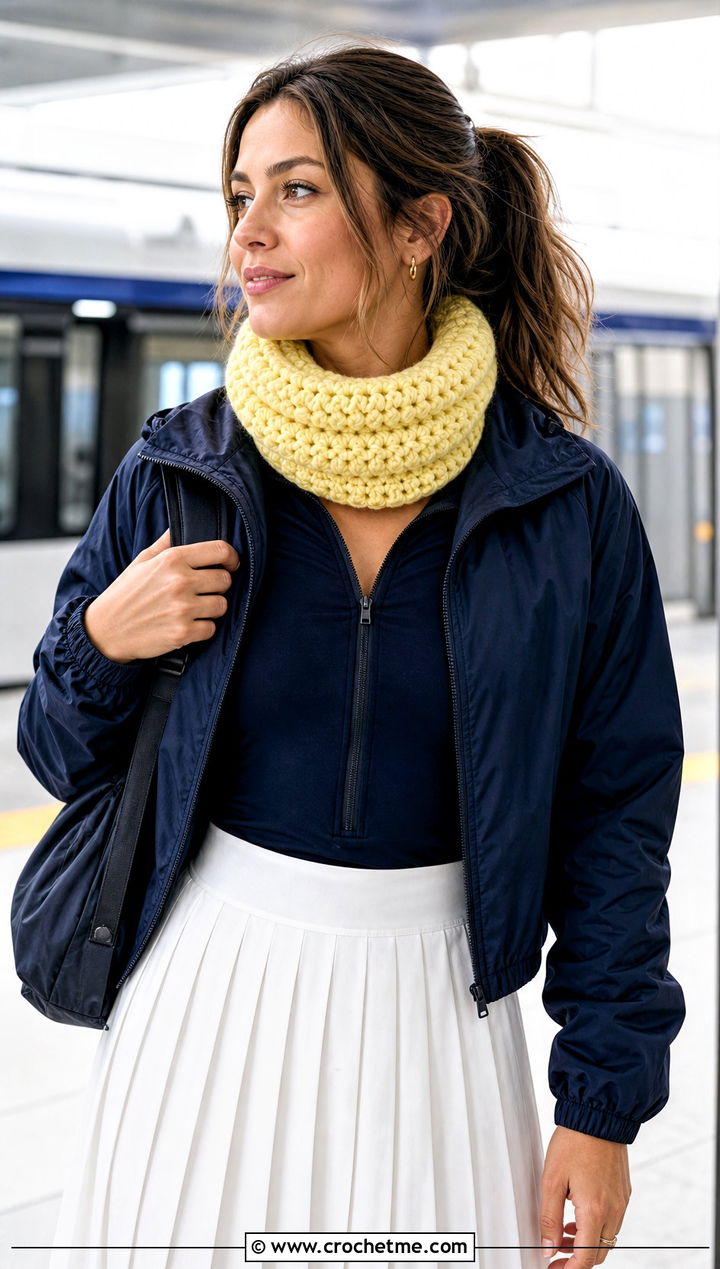 Thick Crochet Cowl Scarf With Quarter Zip And Pleated Skirt - 15 Thick Crochet Scarf outfit ideas