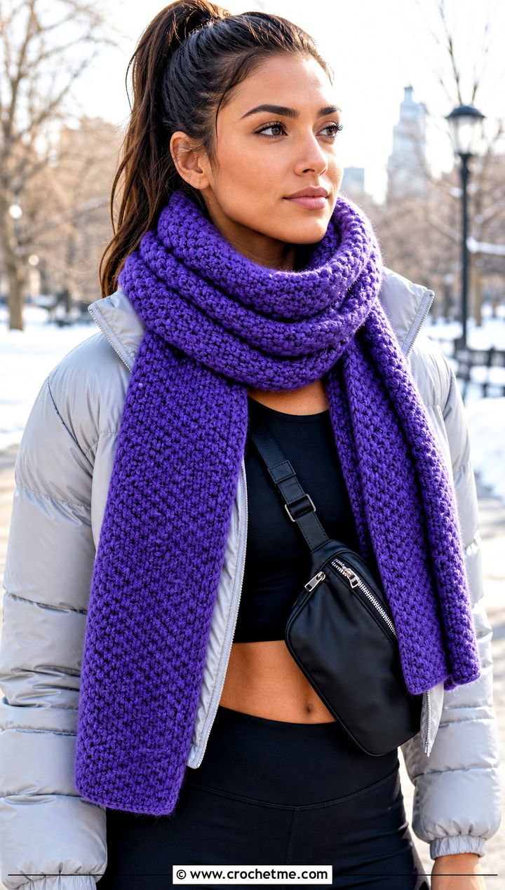Thick Moss Stitch Crochet Scarf With Puffer Jacket And Leggings - 15 Thick Crochet Scarf outfit ideas