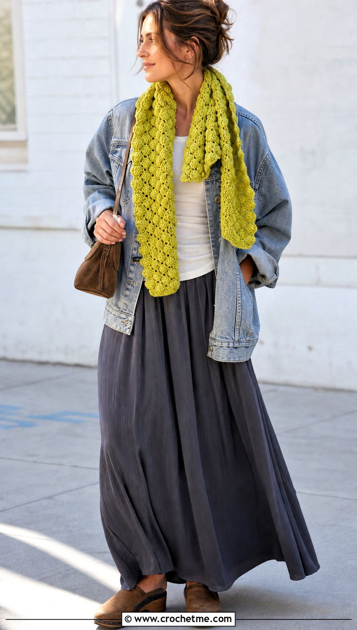 Thick Puff Stitch Crochet Scarf With Denim Jacket And Maxi Skirt - 15 Thick Crochet Scarf outfit ideas